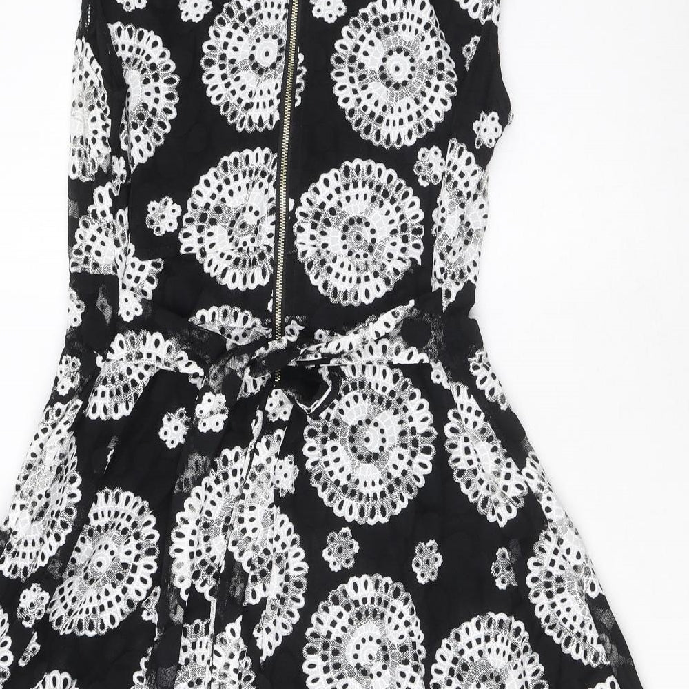 Stella Morgan Womens Black Floral Nylon Fit & Flare Size 14 V-Neck Zip - Tie detail