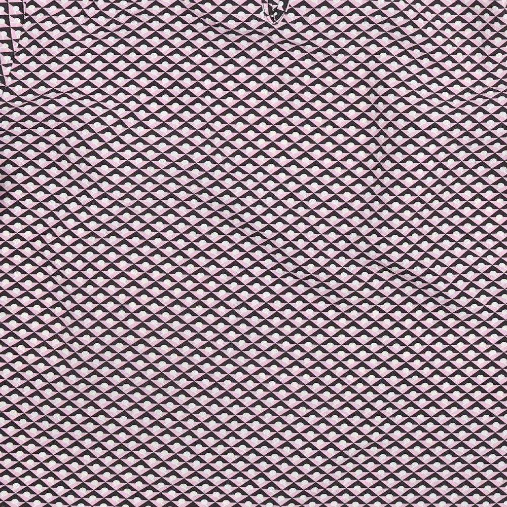 Brand and care label for Dunnes women’s pink geometric polyester basic blouse, size S, round neck
