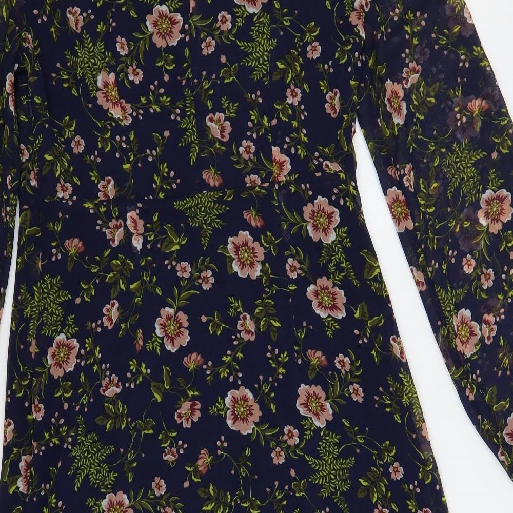 Marks & Spencer Womens Blue Floral Polyester A-Line Size 8 Mock Neck Button