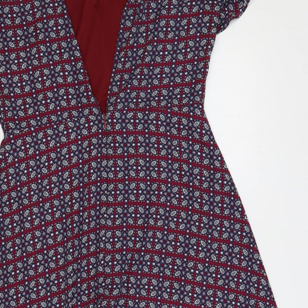 JustFab Womens Red Geometric Polyester A-Line Size XL Mock Neck Zip - Open Back