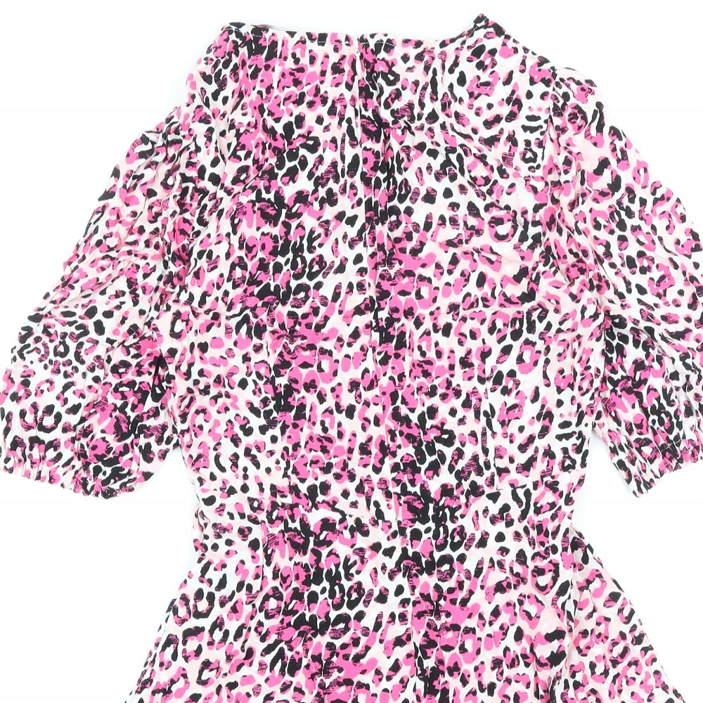 Marks & Spencer Womens Pink Animal Print Viscose Basic Blouse Size 6 Round Neck - Leopard Print