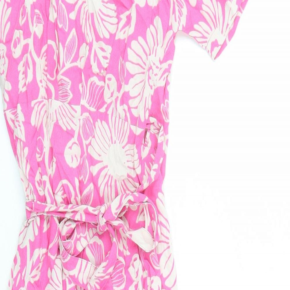 Marks & Spencer Womens Pink Floral Viscose Wrap Dress Size 6 Collared Tie