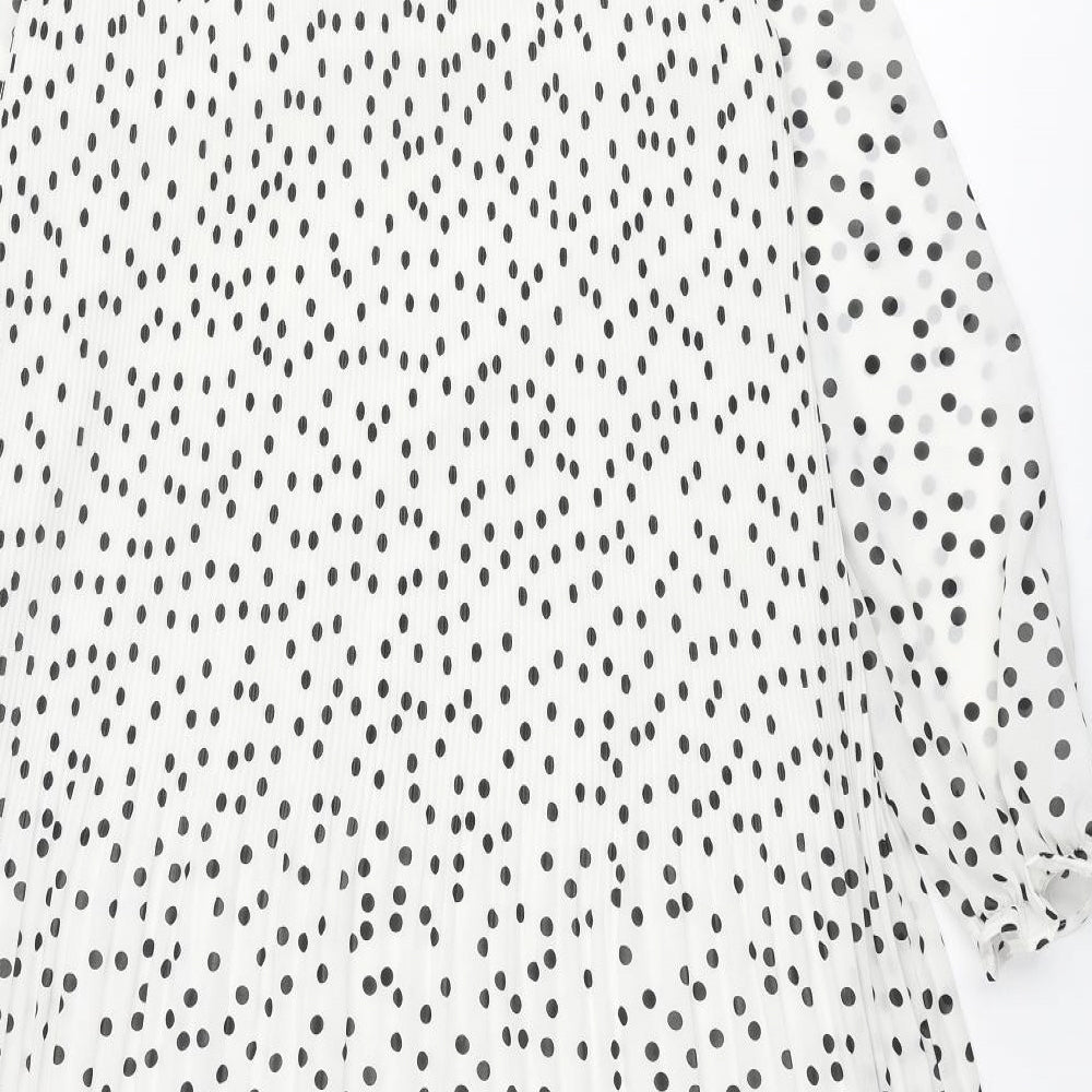 Warehouse Womens White Polka Dot Polyester Shift Size 10 Mock Neck Button - Pleated