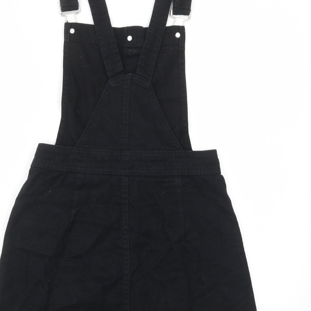 H&M Womens Black Cotton Pinafore/Dungaree Dress Size 6 Square Neck Button - Buckle, Pockets, Adjustable straps