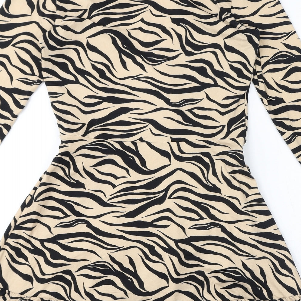 Divided by H&M Womens Brown Animal Print Polyester A-Line Size XS V-Neck Tie
