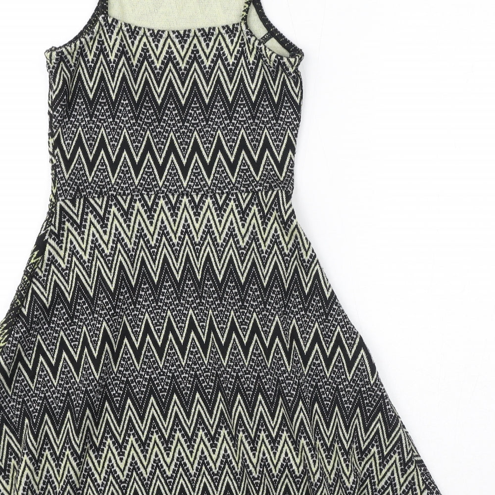 Topshop Womens Black Geometric Polyester Fit & Flare Size 4 Square Neck Pullover - Zigzag