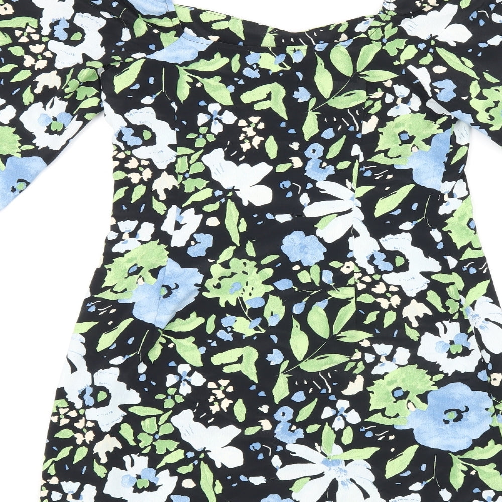 Topshop Womens Black Floral Polyester Mini Size 6 Square Neck Zip