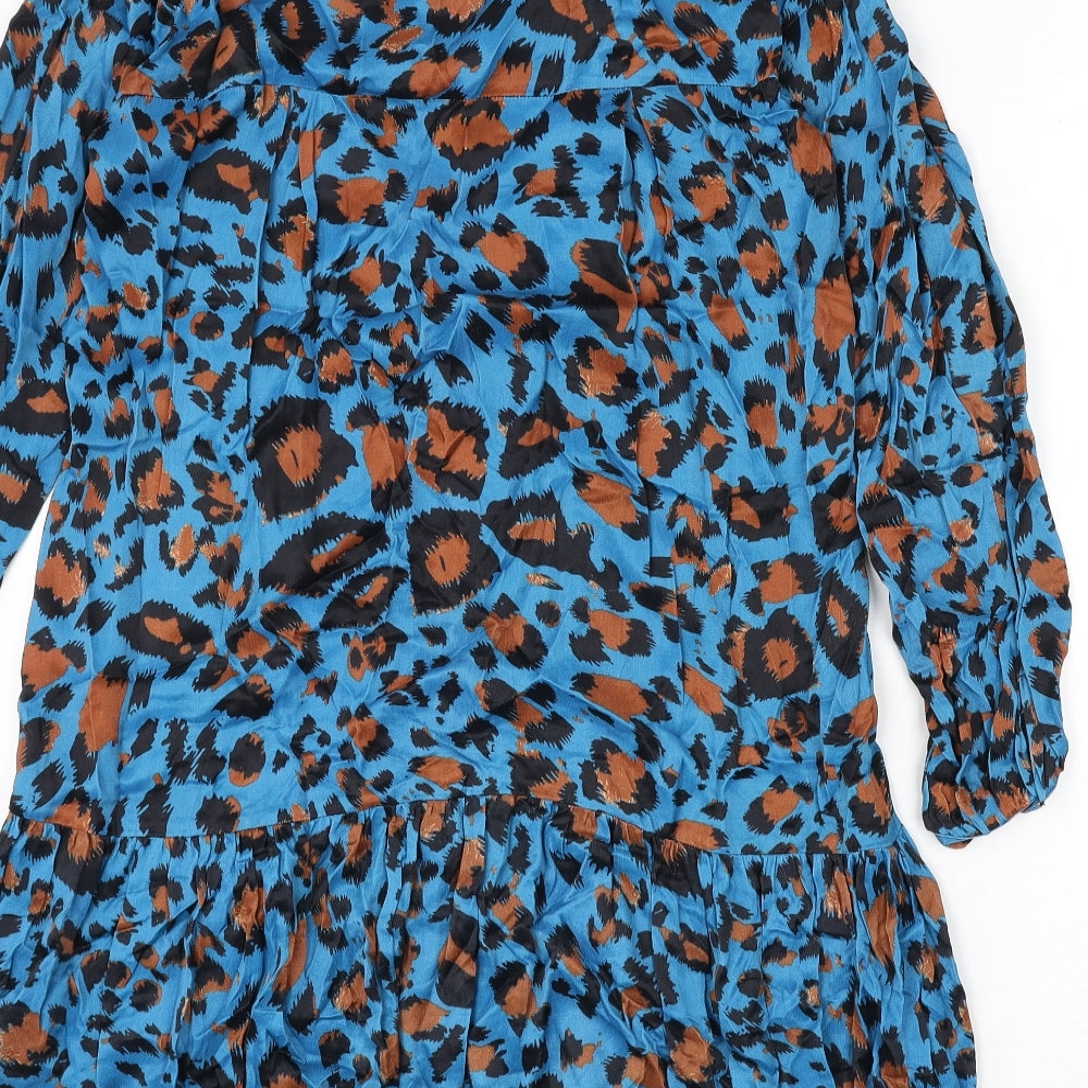 Gallery Womens Blue Animal Print Viscose A-Line Size M Round Neck Button - Leopard Print