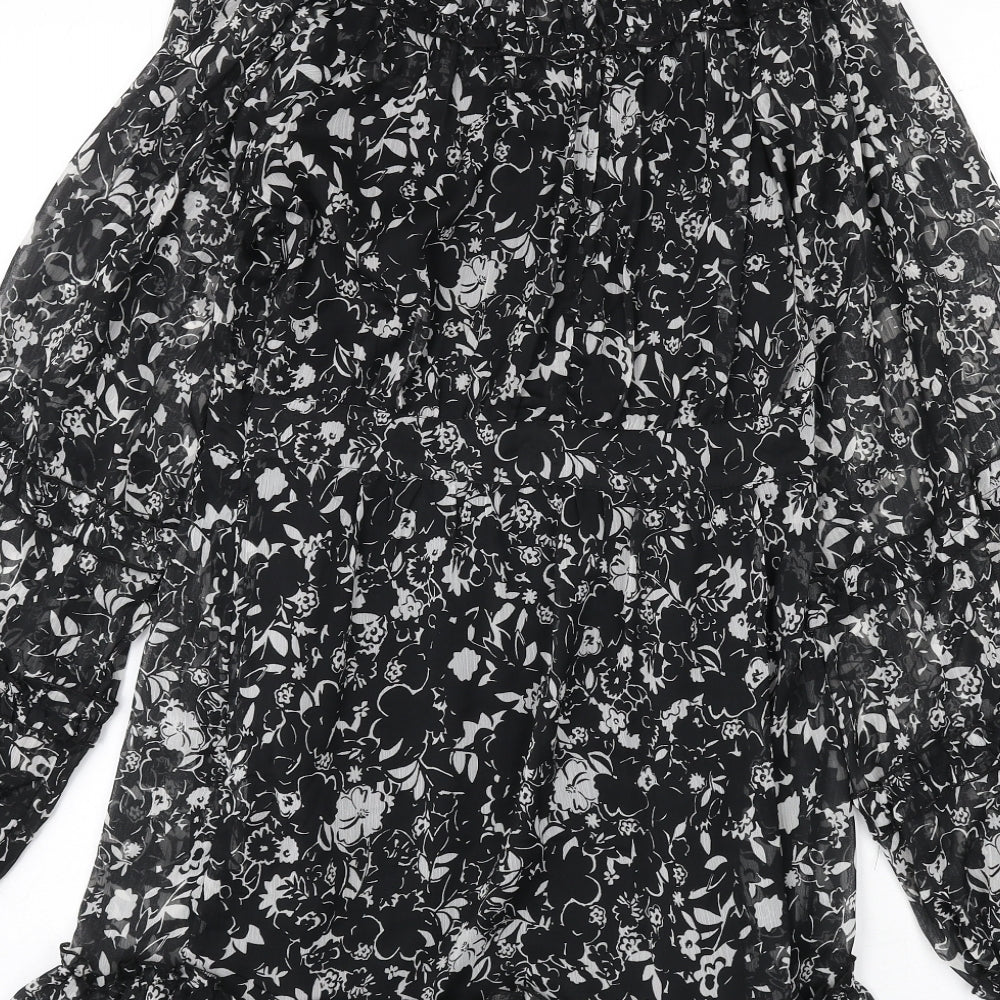 Topshop Womens Black Floral Polyester Sheath Size 10 Mock Neck Button