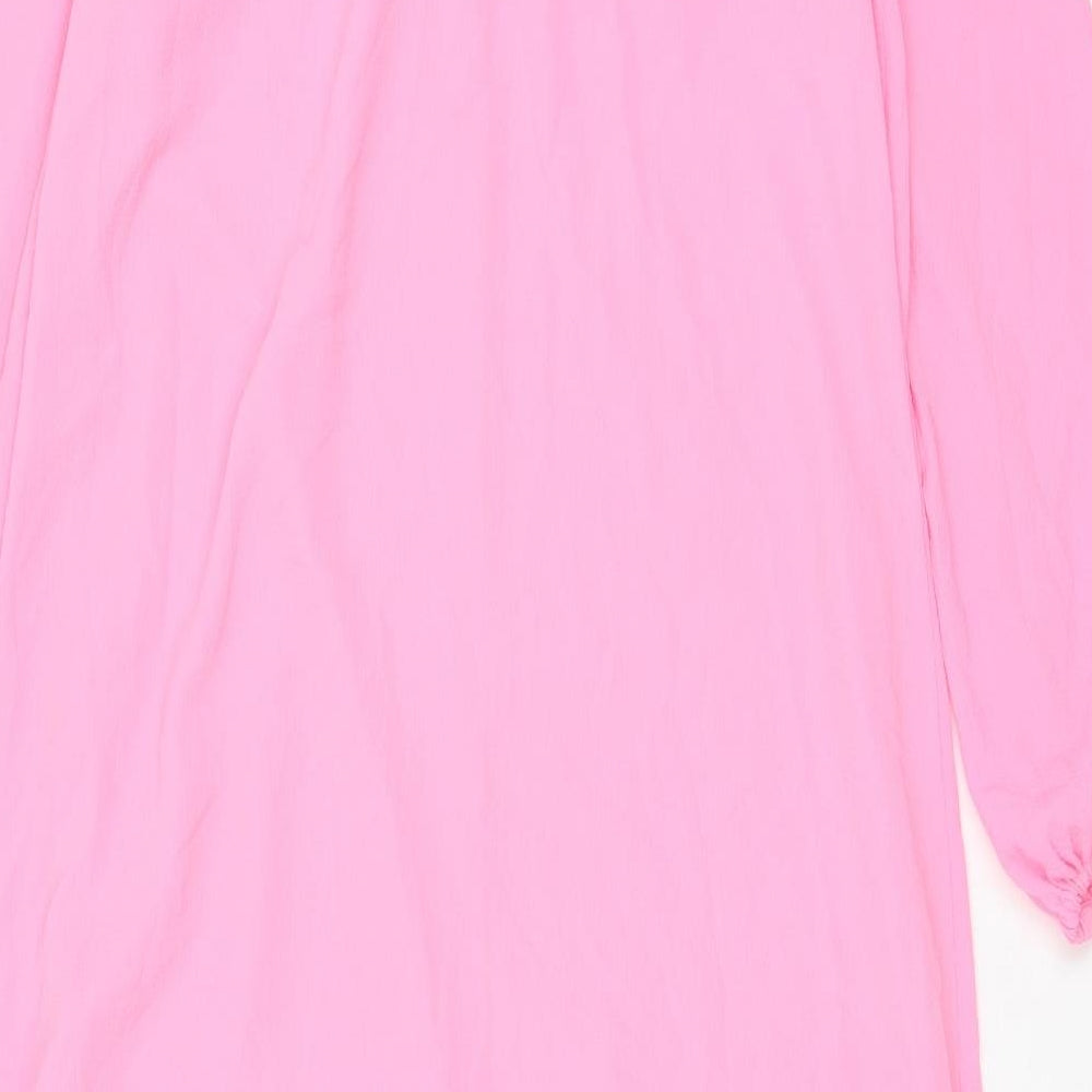 Marks & Spencer Womens Pink Polyester A-Line Size 6 Crew Neck Button - Lettuce Edging, Pleated, Frill
