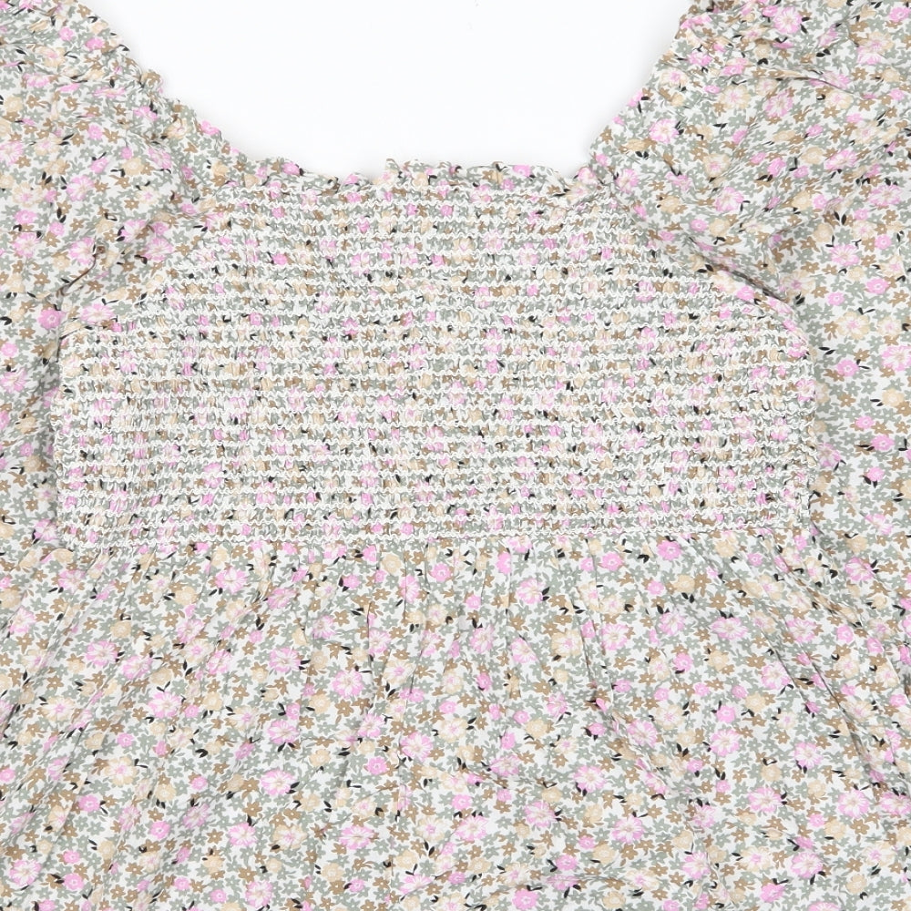 Marks and Spencer Womens Multicoloured Floral Cotton Basic T-Shirt Size 10 Scoop Neck - Frill