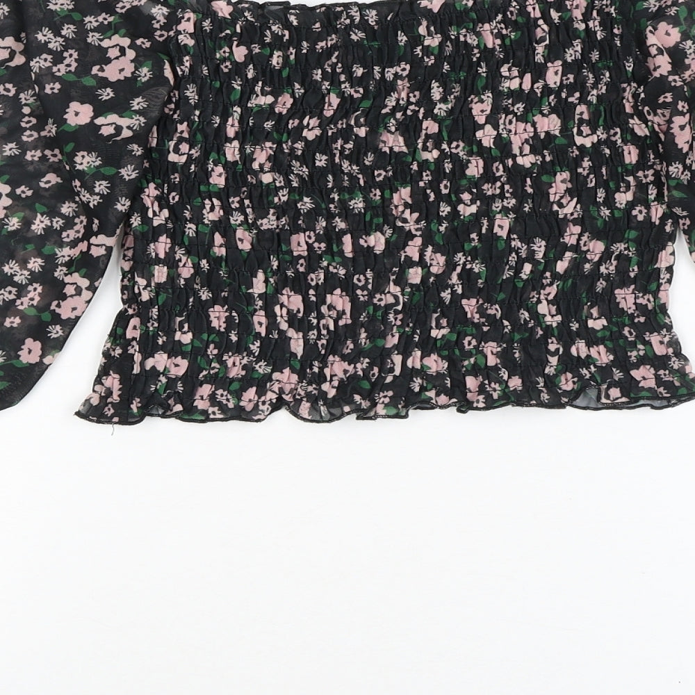 River Island Womens Black Floral Polyester Basic Blouse Size 8 Off the Shoulder
