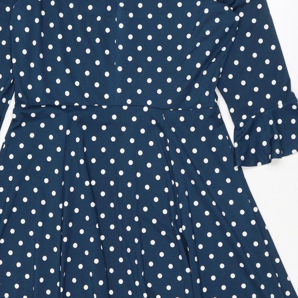 Wallis Womens Blue Polka Dot Polyester A-Line Size 12 Round Neck Button