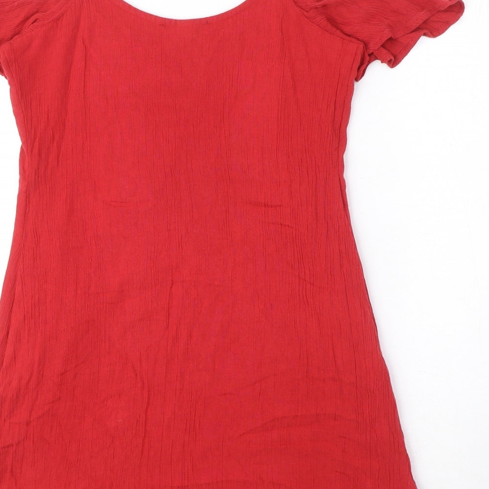 FOREVER 21 Womens Red Polyester Mini Size S Round Neck Pullover - Embroided flowers, Shoulder cut out