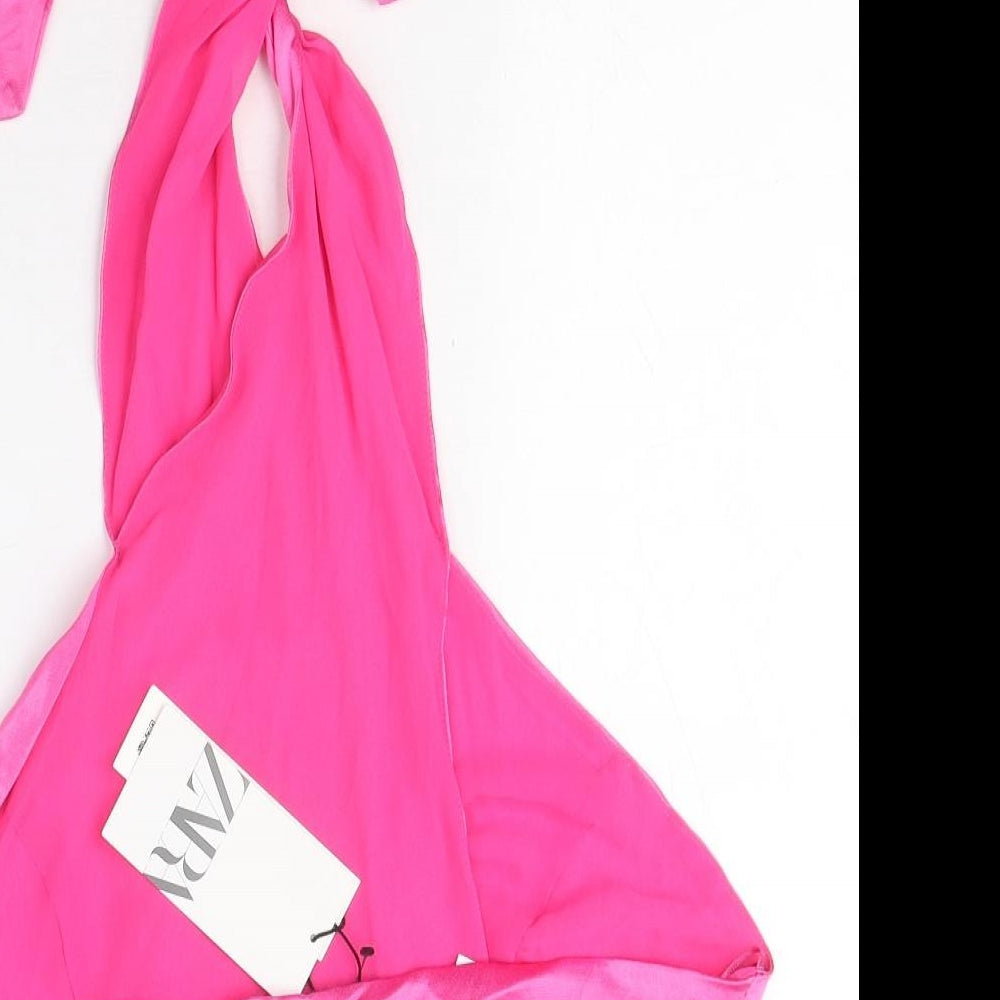 Zara Womens Pink Viscose Cropped Blouse Size L High Neck - Tie Neck