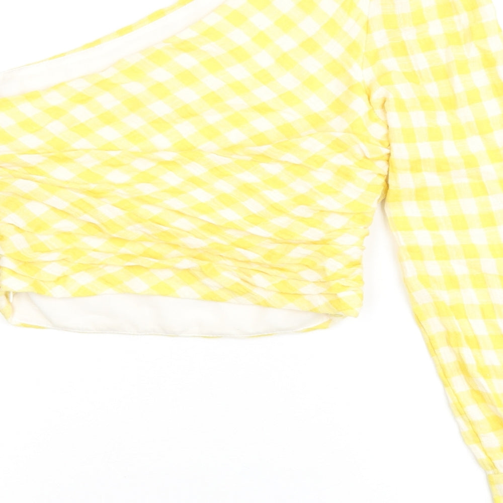 Zara Womens Yellow Geometric Polyester Jersey Blouse Size M One Shoulder