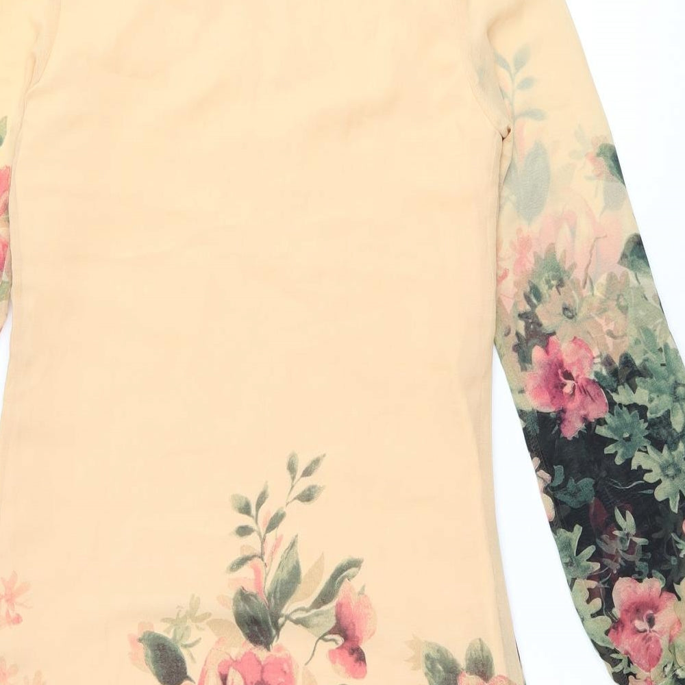 Yumi Womens Orange Floral Polyester Shift Size 6 Scoop Neck Zip