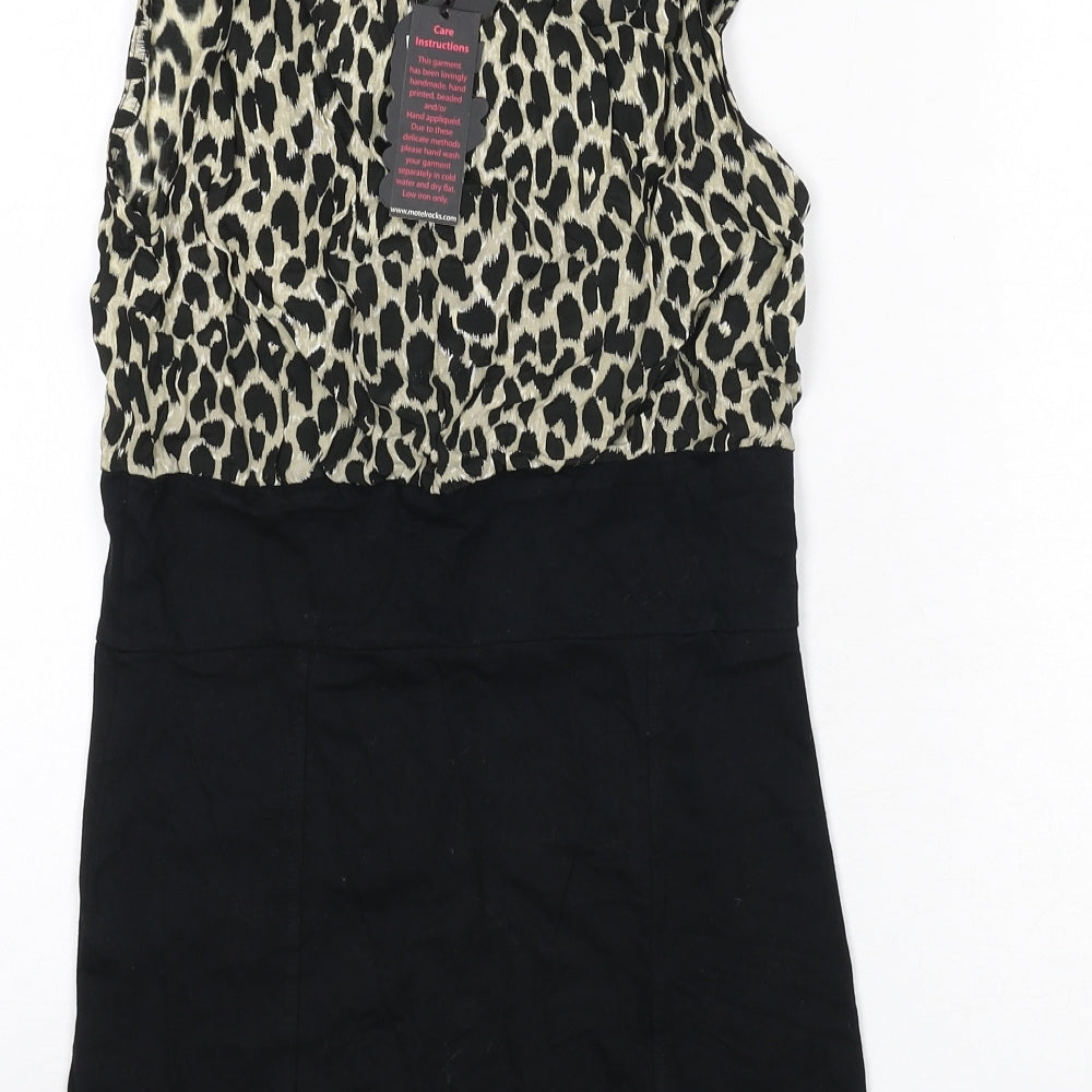 Motel Rocks Womens Black Animal Print Cotton Bodycon Size M Scoop Neck Pullover - Leopard Print