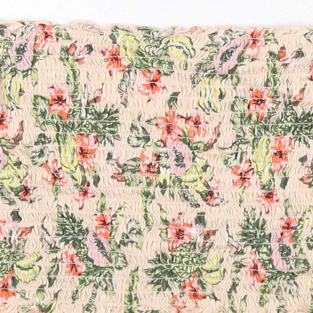 Divided by H&M Womens Pink Floral Cotton Cropped T-Shirt Size L Off the Shoulder - Shirred