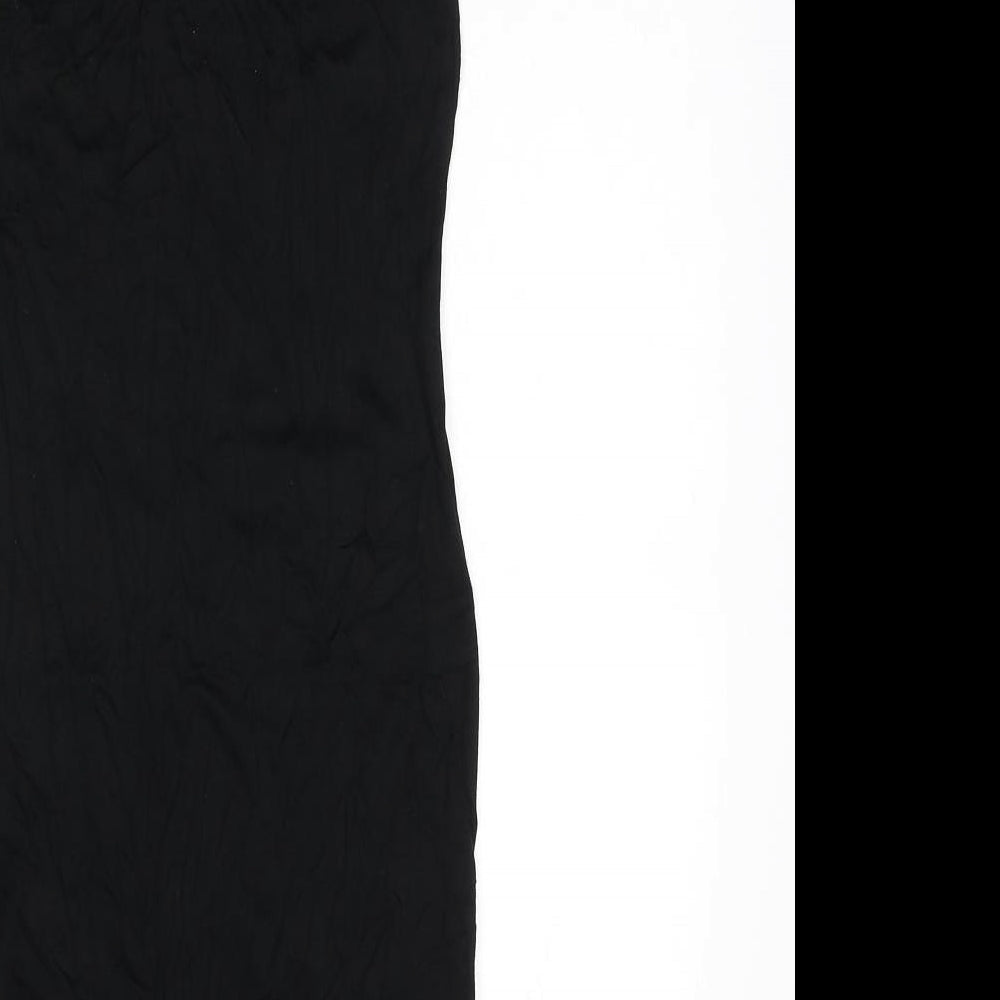 Brand and care label for Missguided women’s black viscose mini, size UK 6, scoop neck pullover - ruched