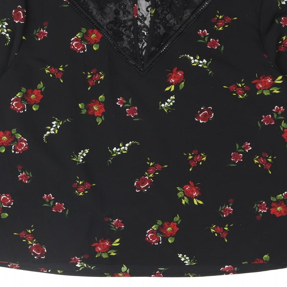 Warehouse Womens Black Floral Polyester Basic Blouse Size 14 Round Neck - Lace