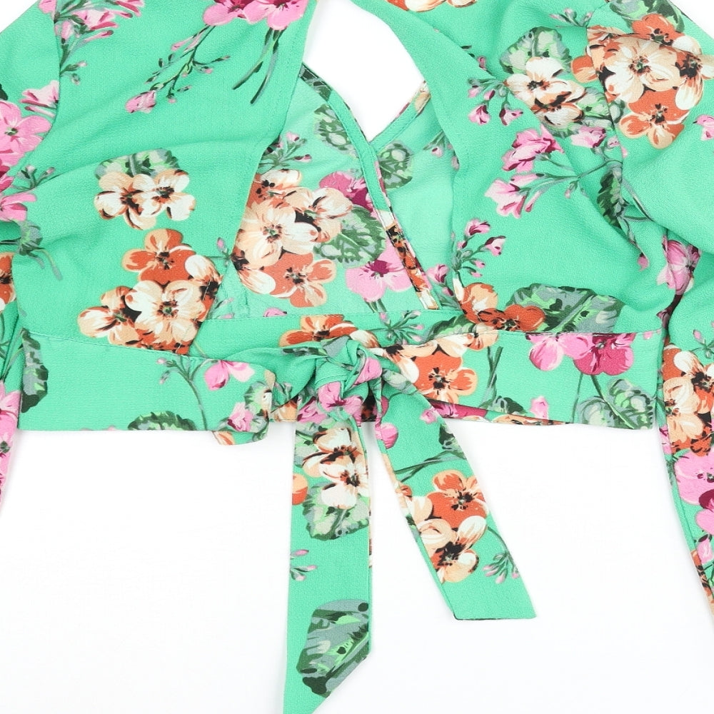 Quiz Womens Green Floral Polyester Cropped Blouse Size 6 V-Neck
