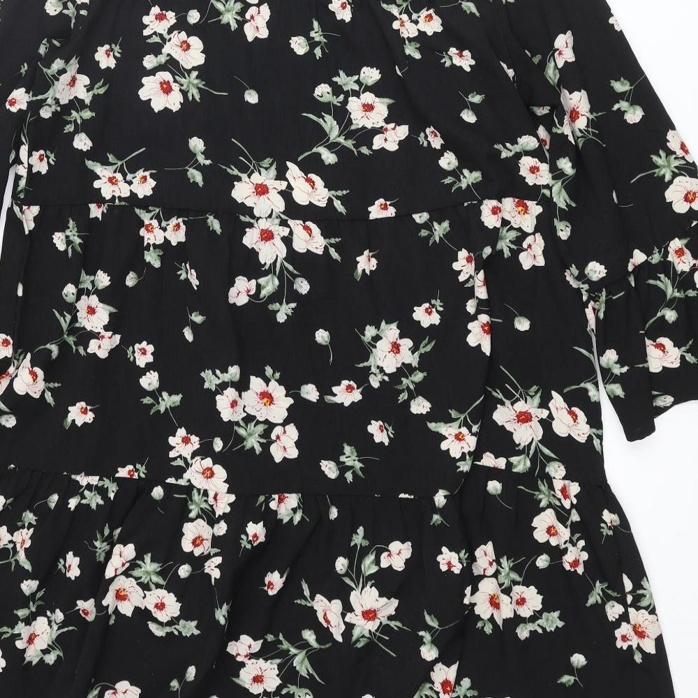 New Look Womens Black Floral Polyester A-Line Size 10 Round Neck Button - Smocked Frill
