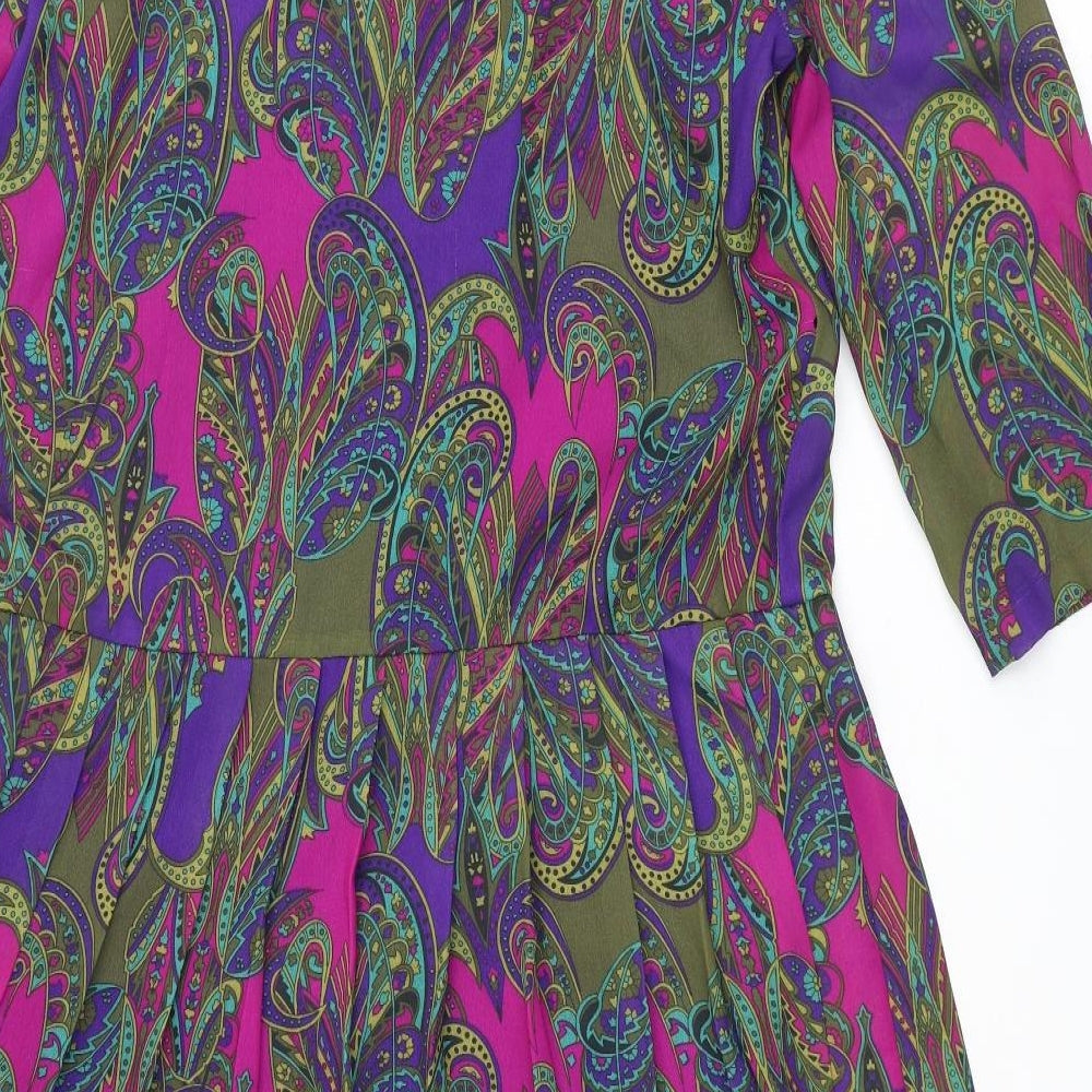 Godske Womens Multicoloured Geometric Polyester Shift Size 12 Round Neck Button - Pleated
