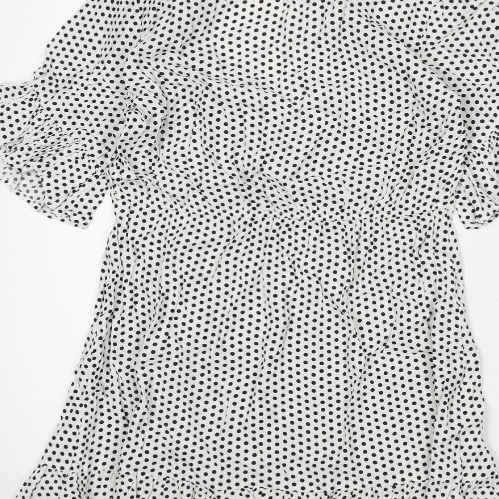 Oysho Womens White Polka Dot Viscose A-Line Size M V-Neck Pullover - Ruffle Detail