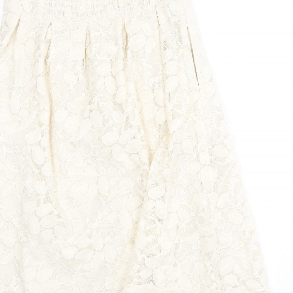 VILA Womens Beige Geometric Cotton A-Line Size M Off the Shoulder Zip - Lace Overlay