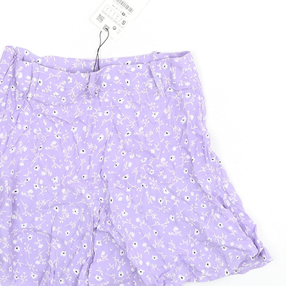 Zara Womens Purple Floral Viscose Flare Skirt Size S Zip