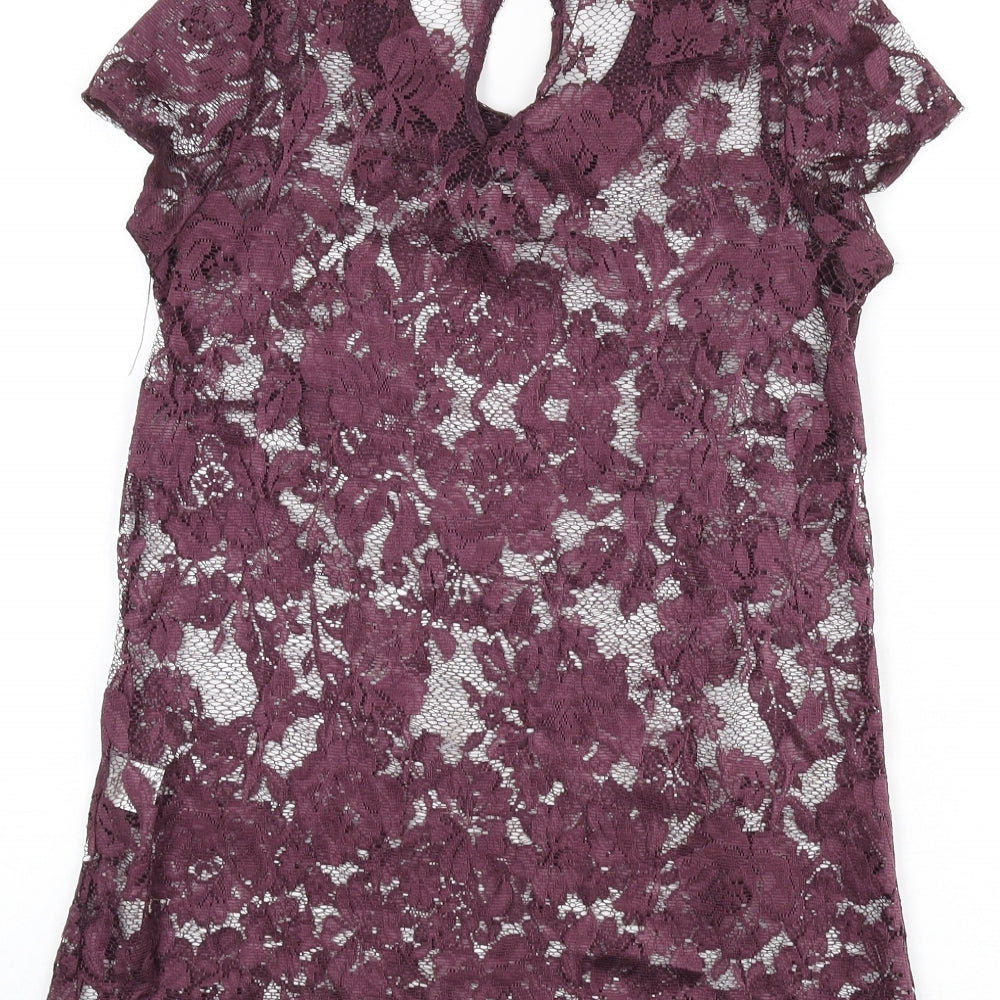 Warehouse Womens Purple Polyester Basic T-Shirt Size 8 Collared - Beaded Detail