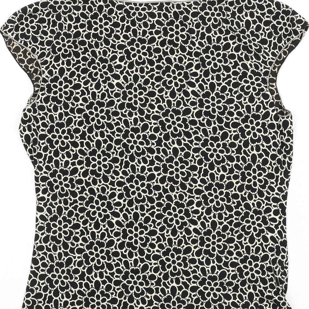 Max Edition Womens Black Floral Polyester Basic T-Shirt Size L V-Neck