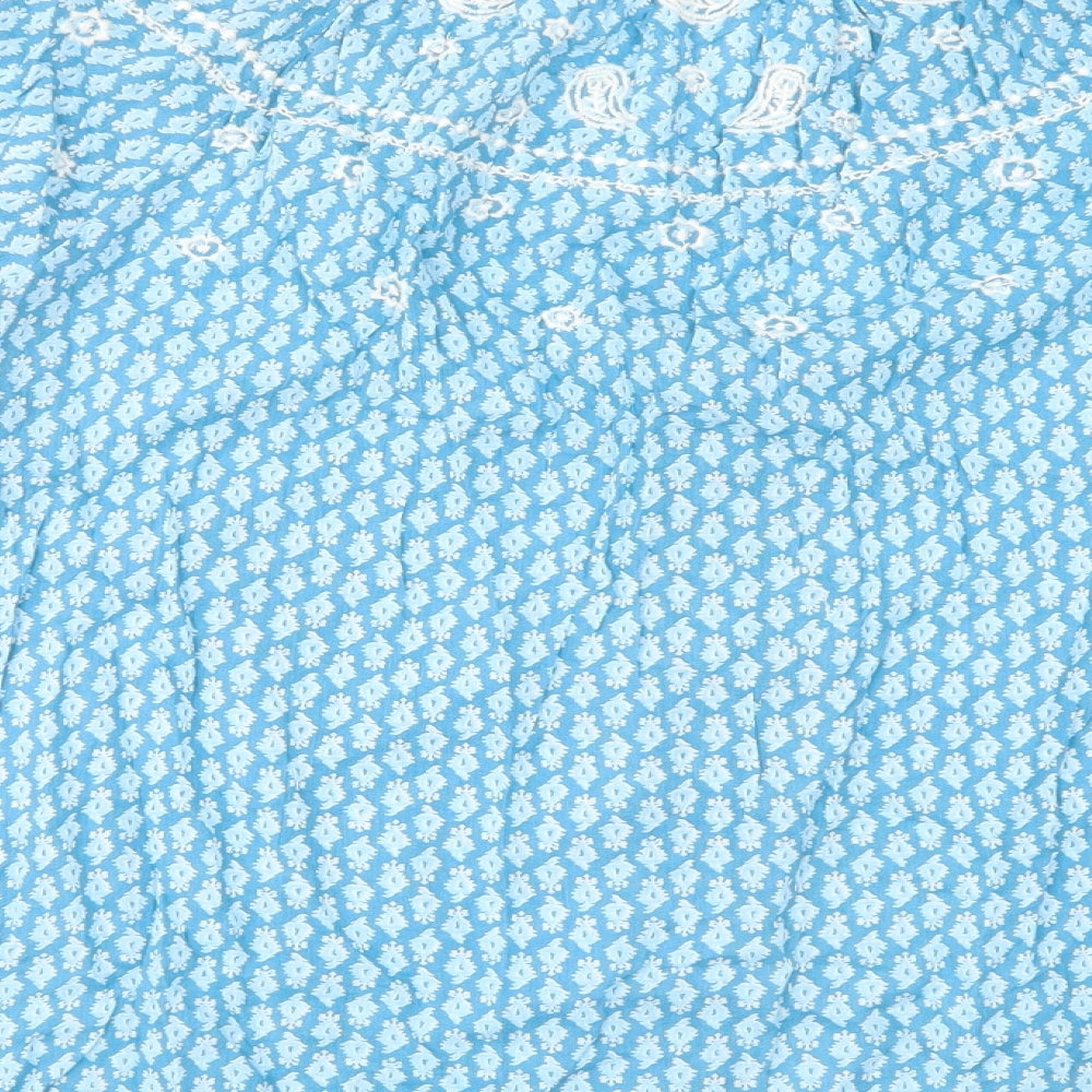 Marks & Spencer Womens Blue Geometric Cotton Basic Button-Up Size 8 V-Neck - Embroided