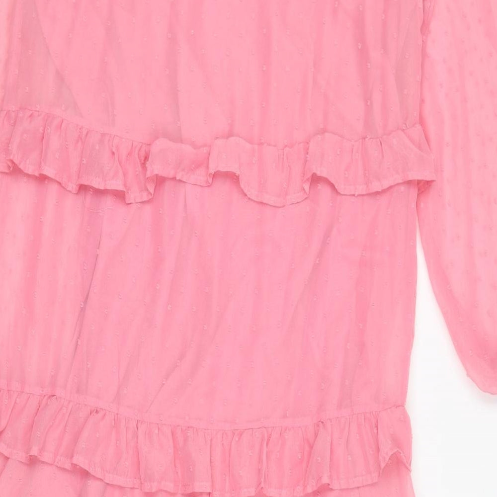 VILA Womens Pink Polyester Maxi Size 10 V-Neck Pullover - Ruffles