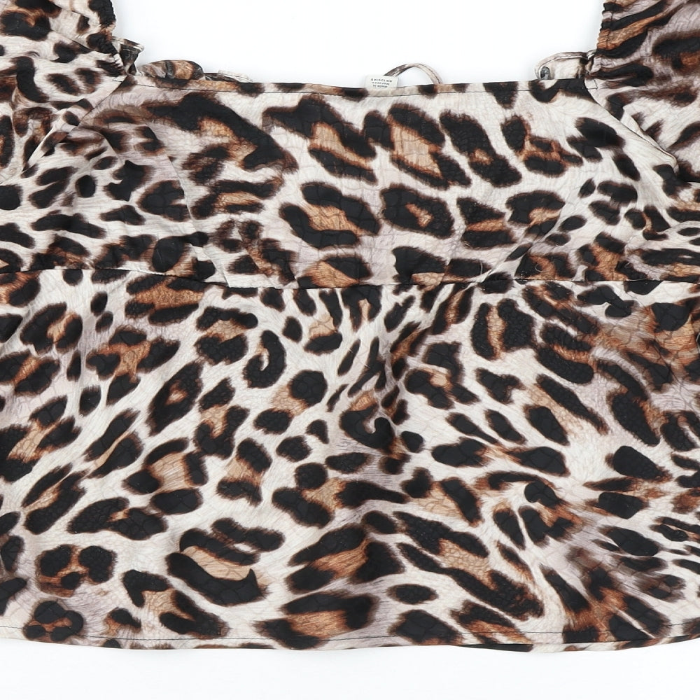 Topshop Womens Brown Animal Print Polyester Cropped Blouse Size 10 Square Neck - Leopard Print