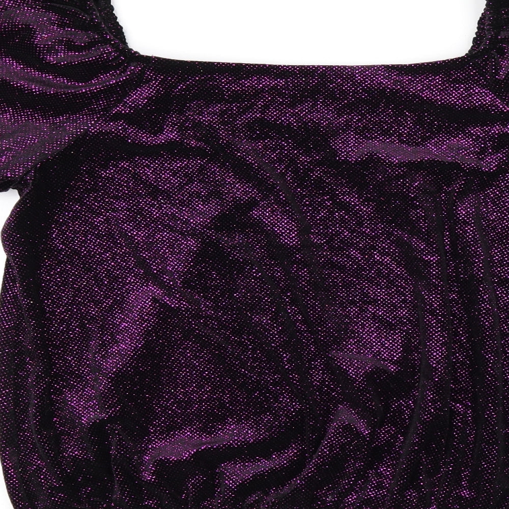 M&Co Womens Purple Polyester Jersey T-Shirt Size 14 Off the Shoulder - Glitter detail