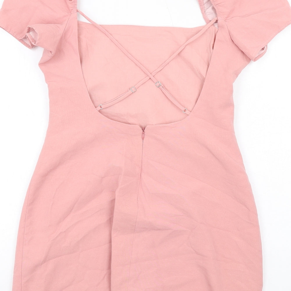 Zara Womens Pink Cotton A-Line Size L Square Neck Zip - Puff Sleeve Open back