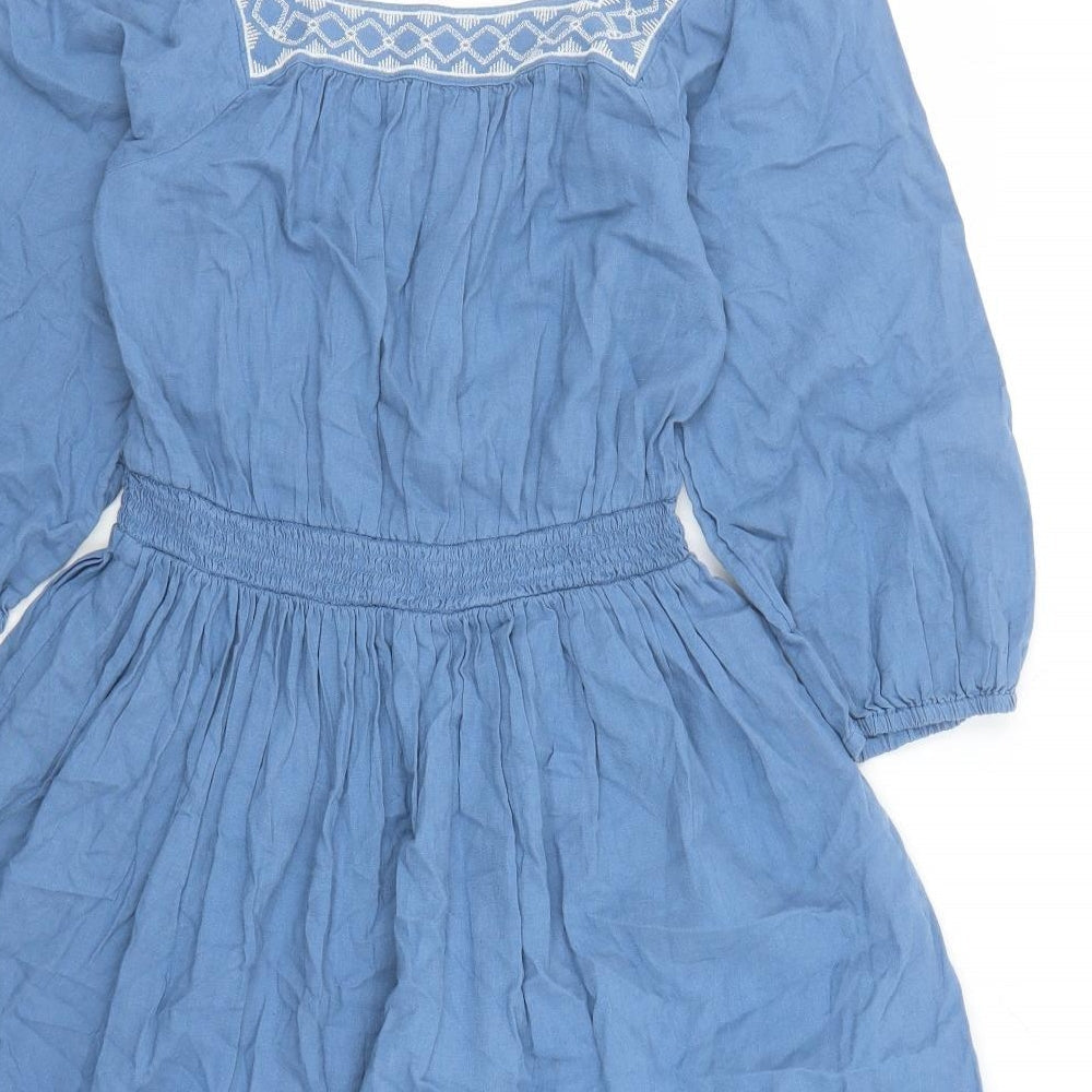 Marks & Spencer Womens Blue Linen Fit & Flare Size 6 Square Neck Pullover - Embroidered Neckline