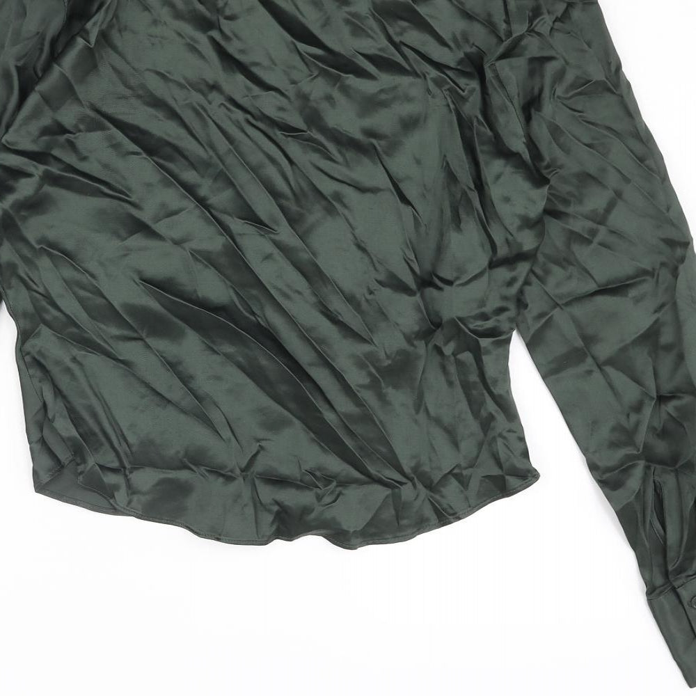 Zara Womens Green Polyester Basic Blouse Size M Collared - Rouched