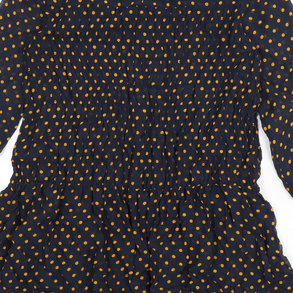 Next Womens Blue Polka Dot Viscose Tunic Blouse Size 6 Round Neck - Shirred, Sheer