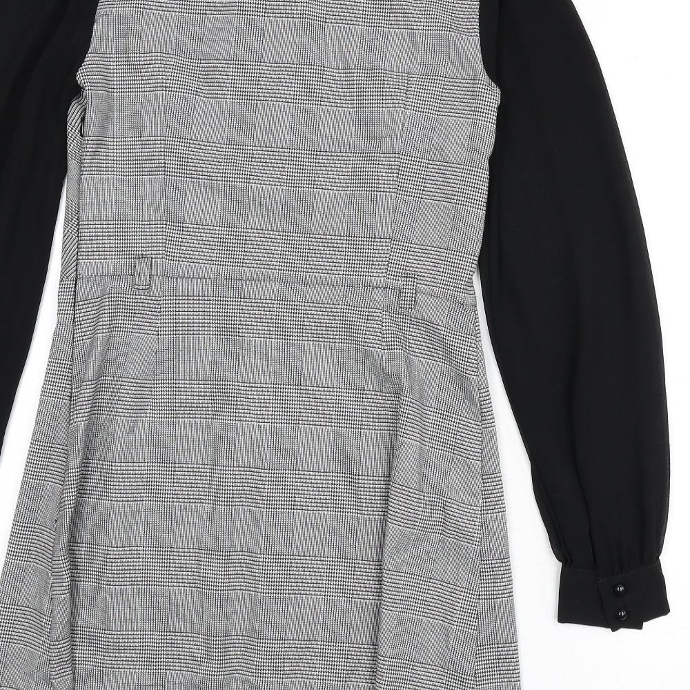 Miss Selfridge Womens Black Houndstooth Polyester A-Line Size 12 Collared Zip - Keyhole Cut Out