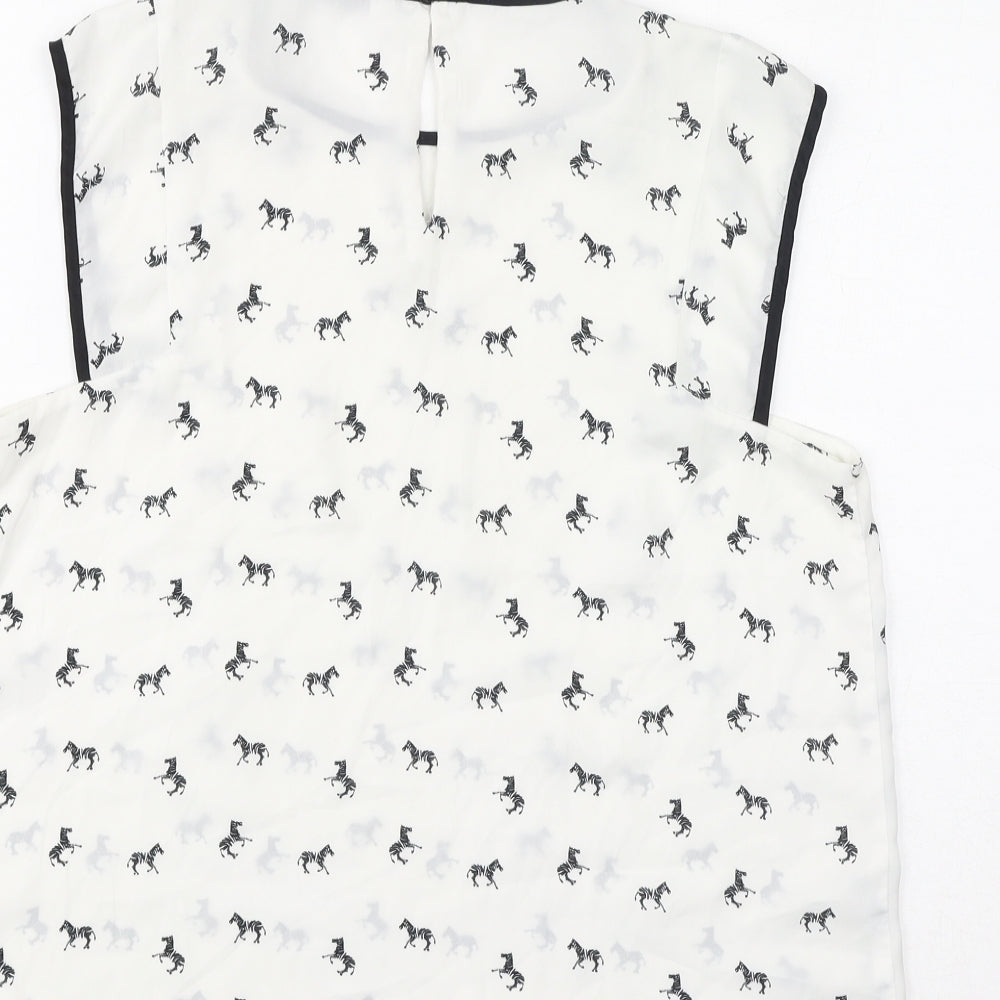 Mango Womens White Geometric Polyester Basic Tank Size M Round Neck - Zebras, Sheer