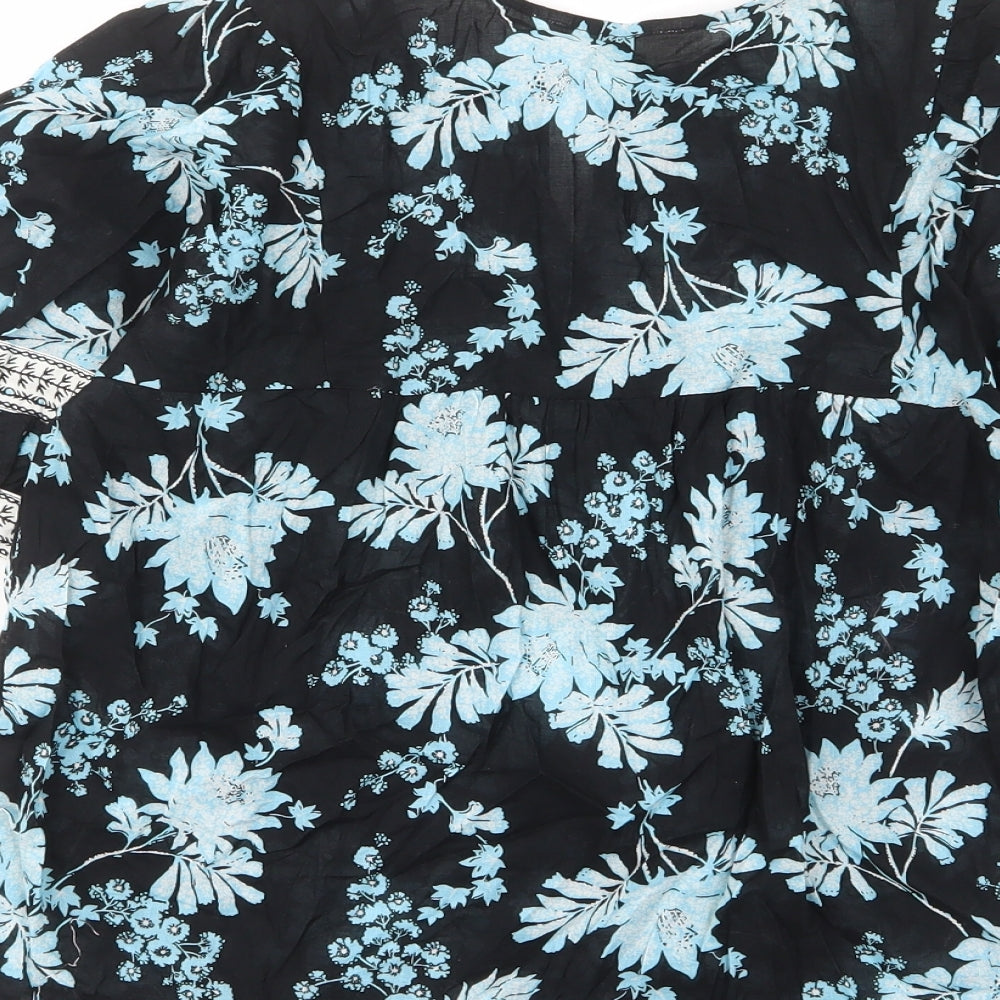 Per Una Womens Blue Floral Cotton Basic Blouse Size 6 Crew Neck - Keyhole neck, Embroided