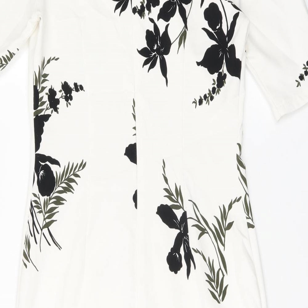 Marks & Spencer Womens White Floral Polyester Pencil Dress Size 10 V-Neck Zip