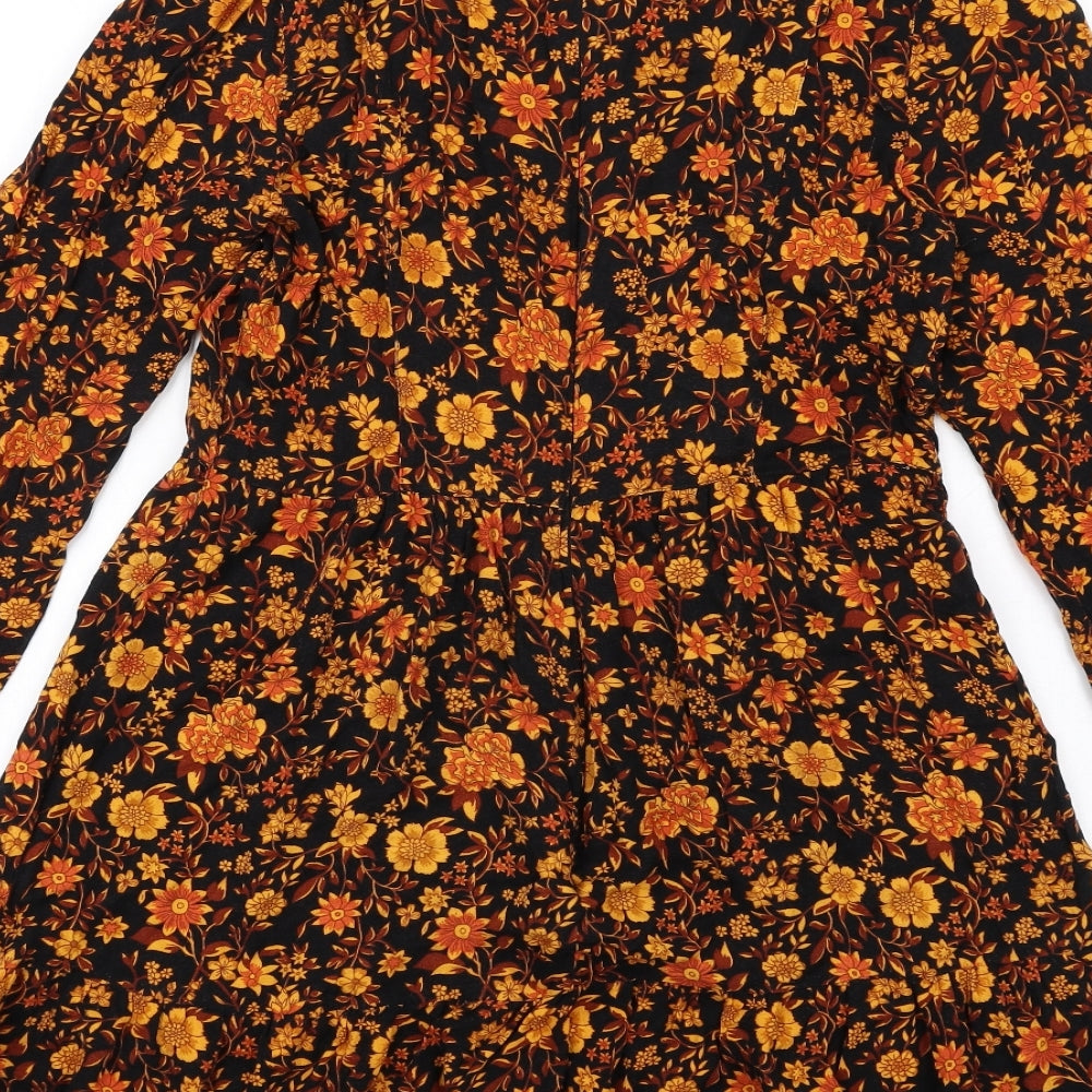 Warehouse Womens Black Floral Viscose A-Line Size 12 Mock Neck Zip