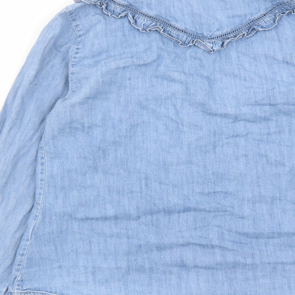 Red Herring Womens Blue Cotton Basic Button-Up Size 12 Collared - Ruffles