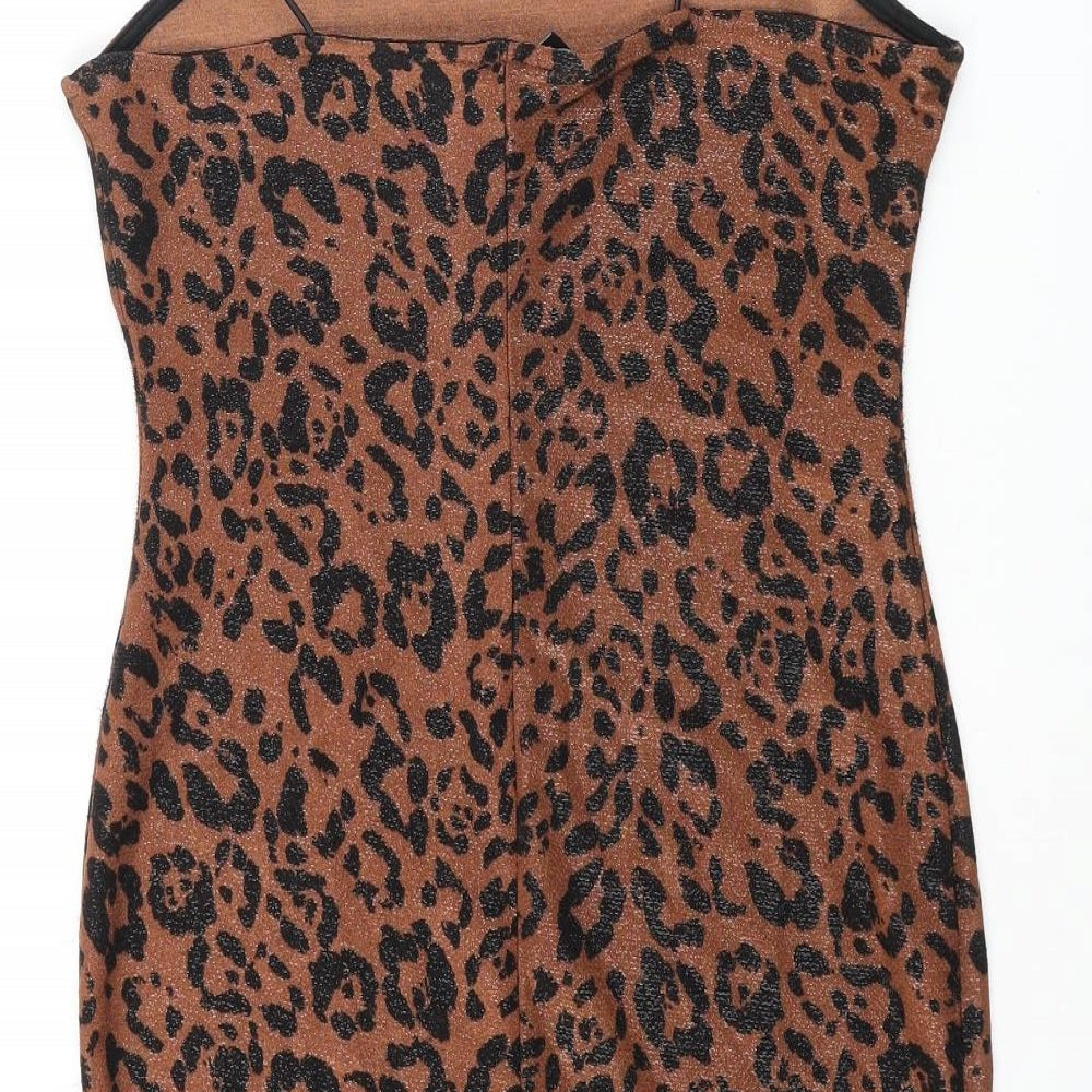 New Look Womens Brown Animal Print Polyester Mini Size 10 Square Neck Pullover - Leopard Print Glitter