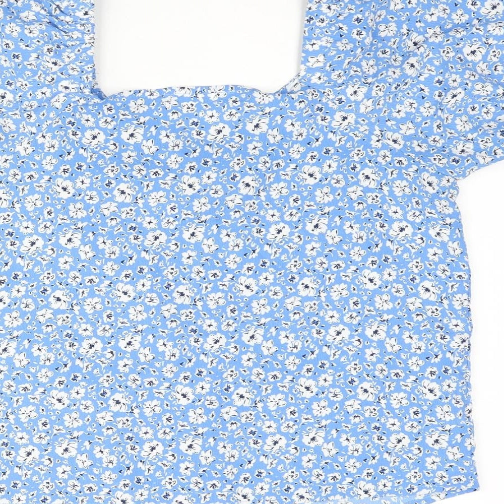 Mango Womens Blue Floral Polyester Basic Blouse Size S V-Neck