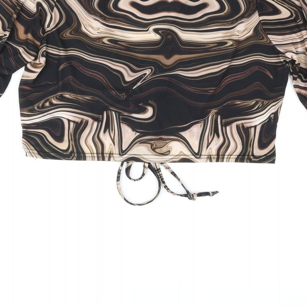 Voulez-Vous Womens Black Geometric Polyester Cropped Blouse Size 12 V-Neck - Marble Print Keyhole
